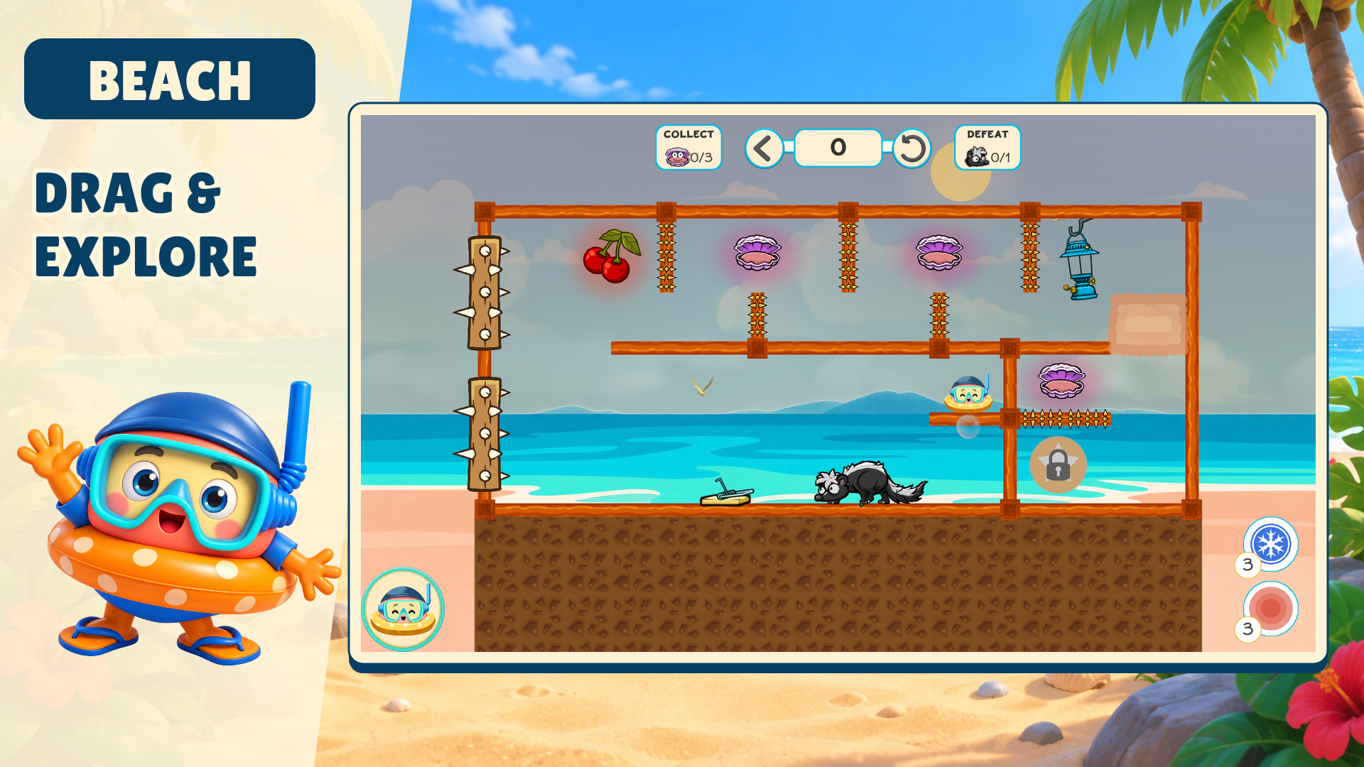 Louie the Lifeboy beside Beach gameplay, with the caption “Drag & Explore”.