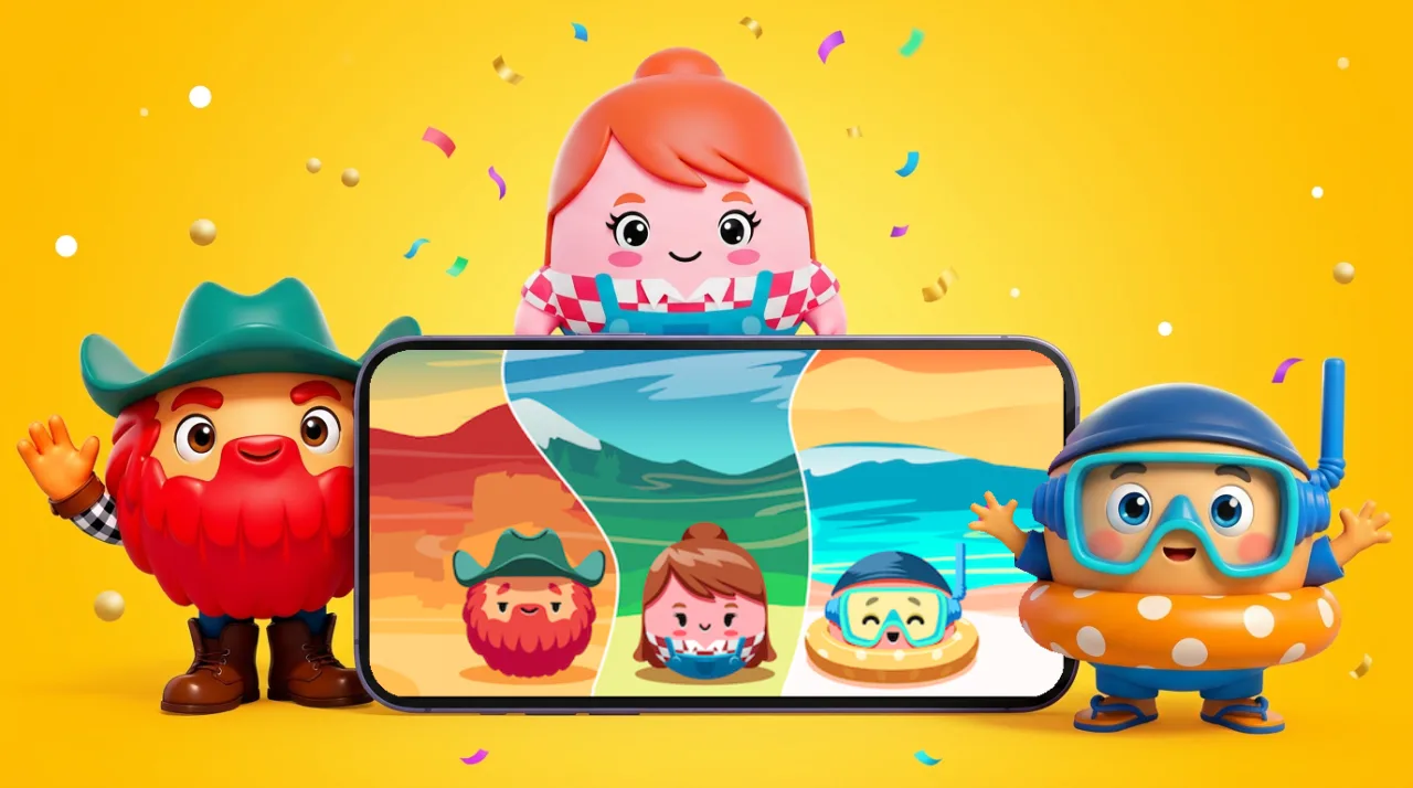 The three Jolly Dots characters — Jack the Sheriff, Marie the Farmgirl and Louie the Lifeboy — gathered around a phone showing the game's three worlds: desert, farmland and beach