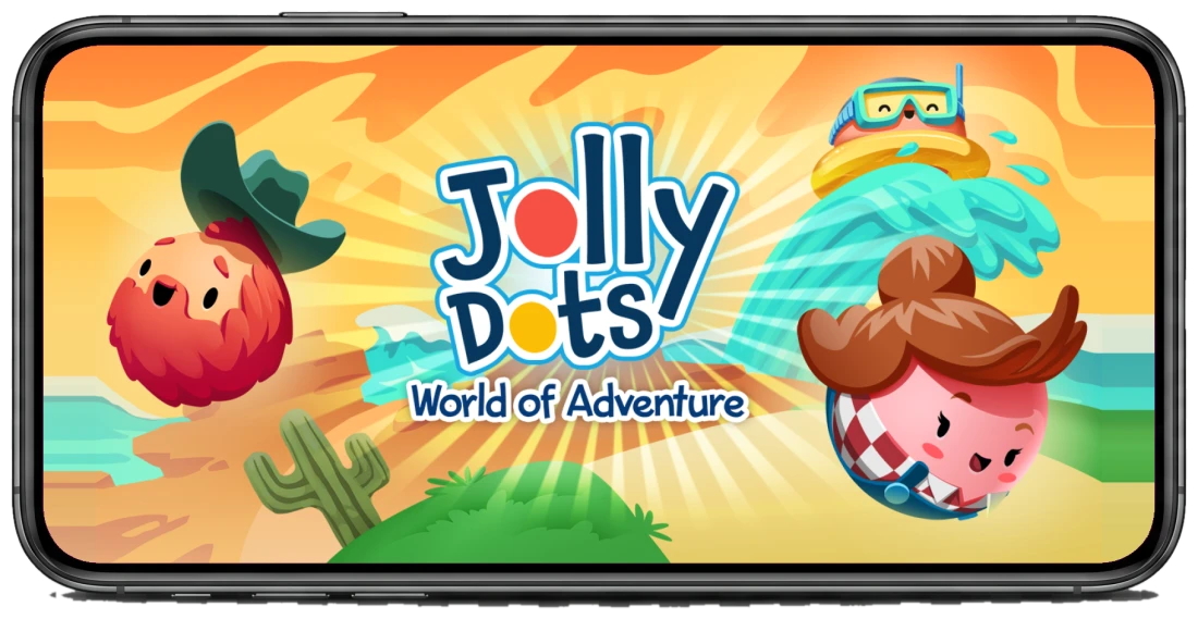 Jolly Dots: World of Adventure title screen on a smartphone — the game's logo with cartoon characters, a cactus and a splash of water