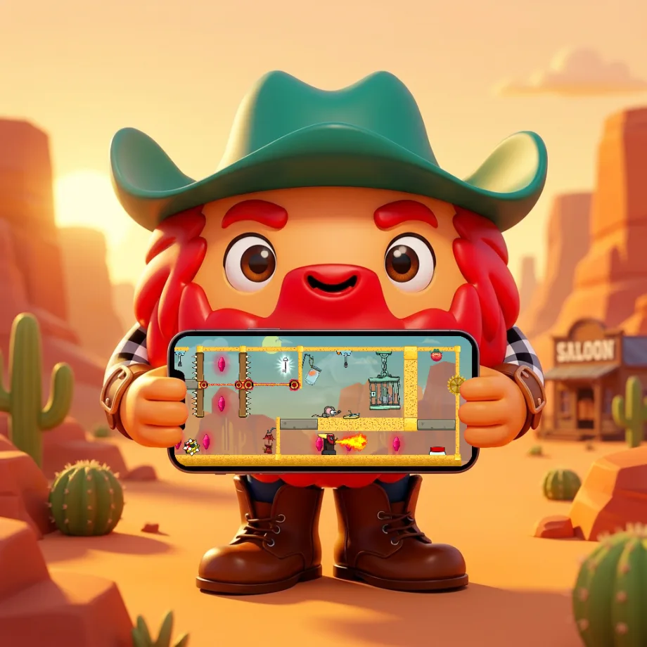 Jack the Sheriff, a red character in a green cowboy hat, holding a phone that shows the Wild West level — a desert town with cacti and saloons