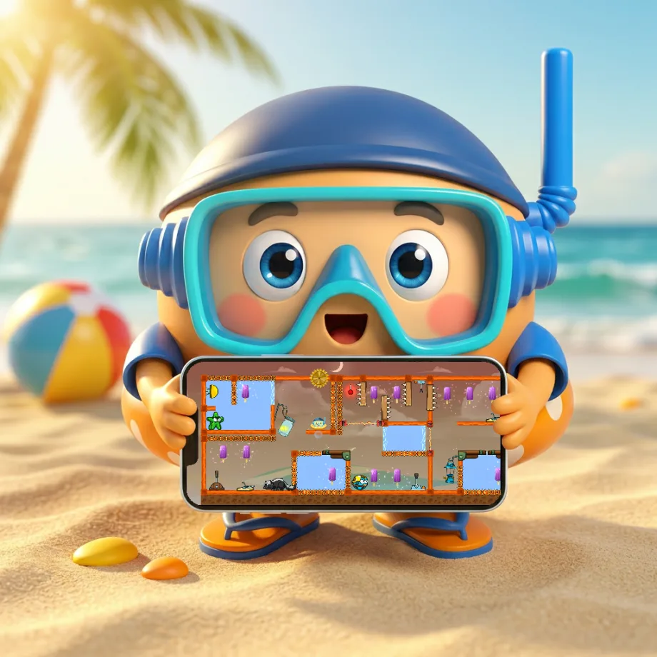 Louie the Lifeboy, a blue character in a snorkel mask, holding a phone that shows the beach level — sea, palm trees and a beach ball