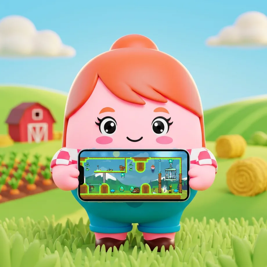 Marie the Farmgirl, a pink character with red hair, holding a phone that shows the farm level — green fields, a red barn and haystacks