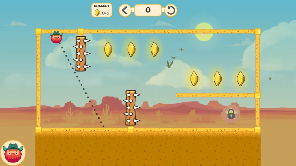 Jack aims a dotted path around a spiked obstacle toward yellow collectibles in the Wild West.