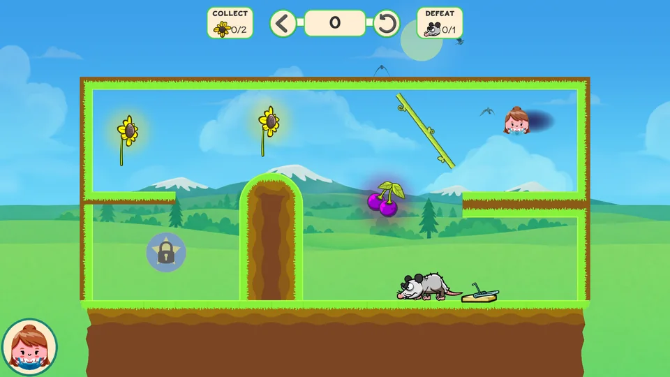Marie’s Dot follows a drawn deflection line above a grassy Farm puzzle with flowers and a possum.