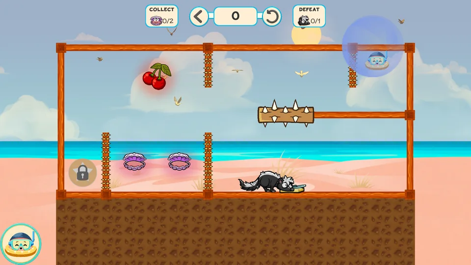Louie is held above a Beach puzzle with spikes, clams, cherry bait and a skunk.