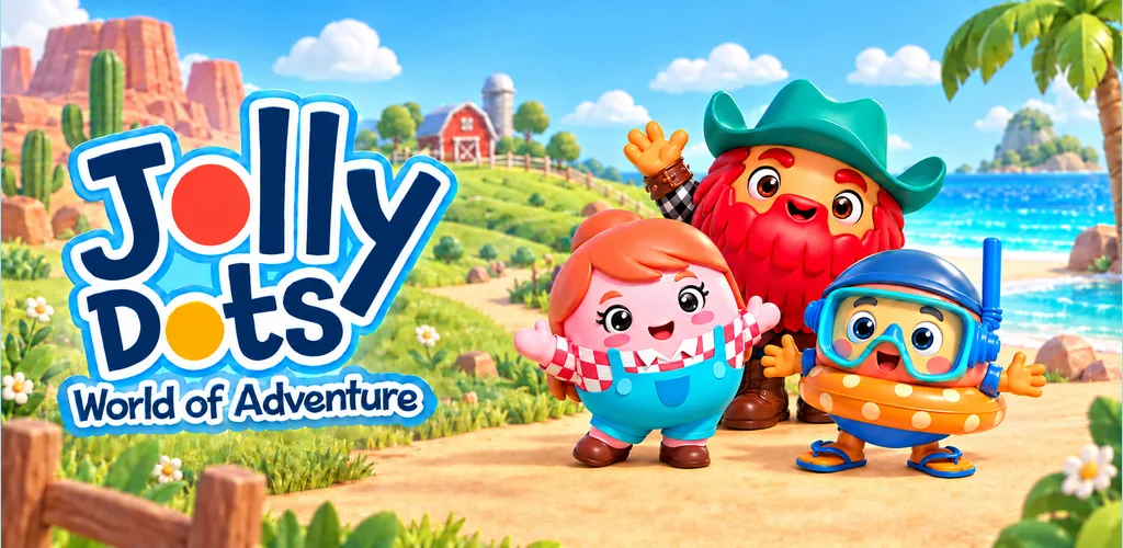 Jack, Marie and Louie together in a colourful landscape joining the Wild West, Farm and Beach, with the Jolly Dots logo