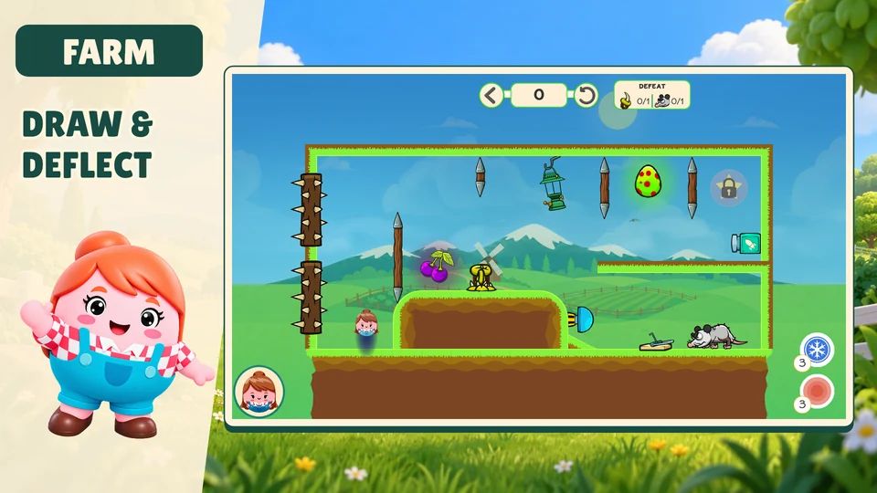 Promotional Marie artwork beside a framed Farm gameplay screenshot.